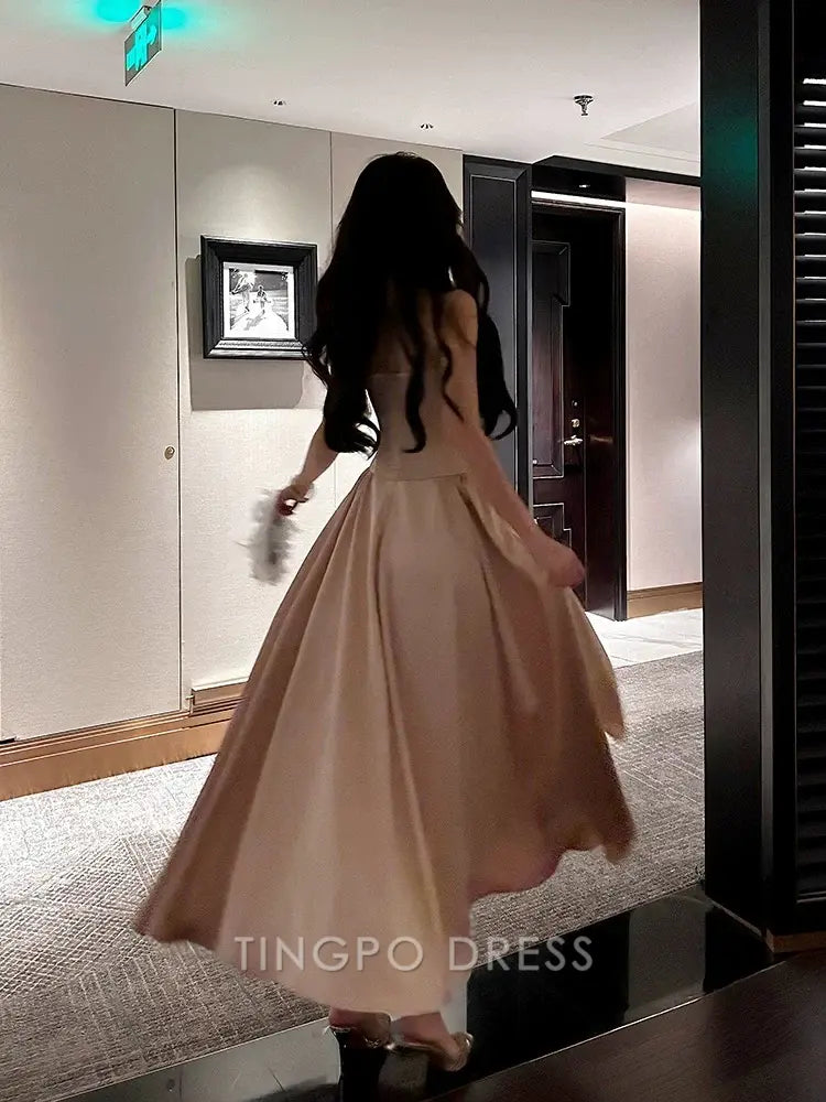 TingPo Wholesale Elegant Pretty A line Spaghetti Straps Pink Satin Prom Dresses Formal Evening Dress